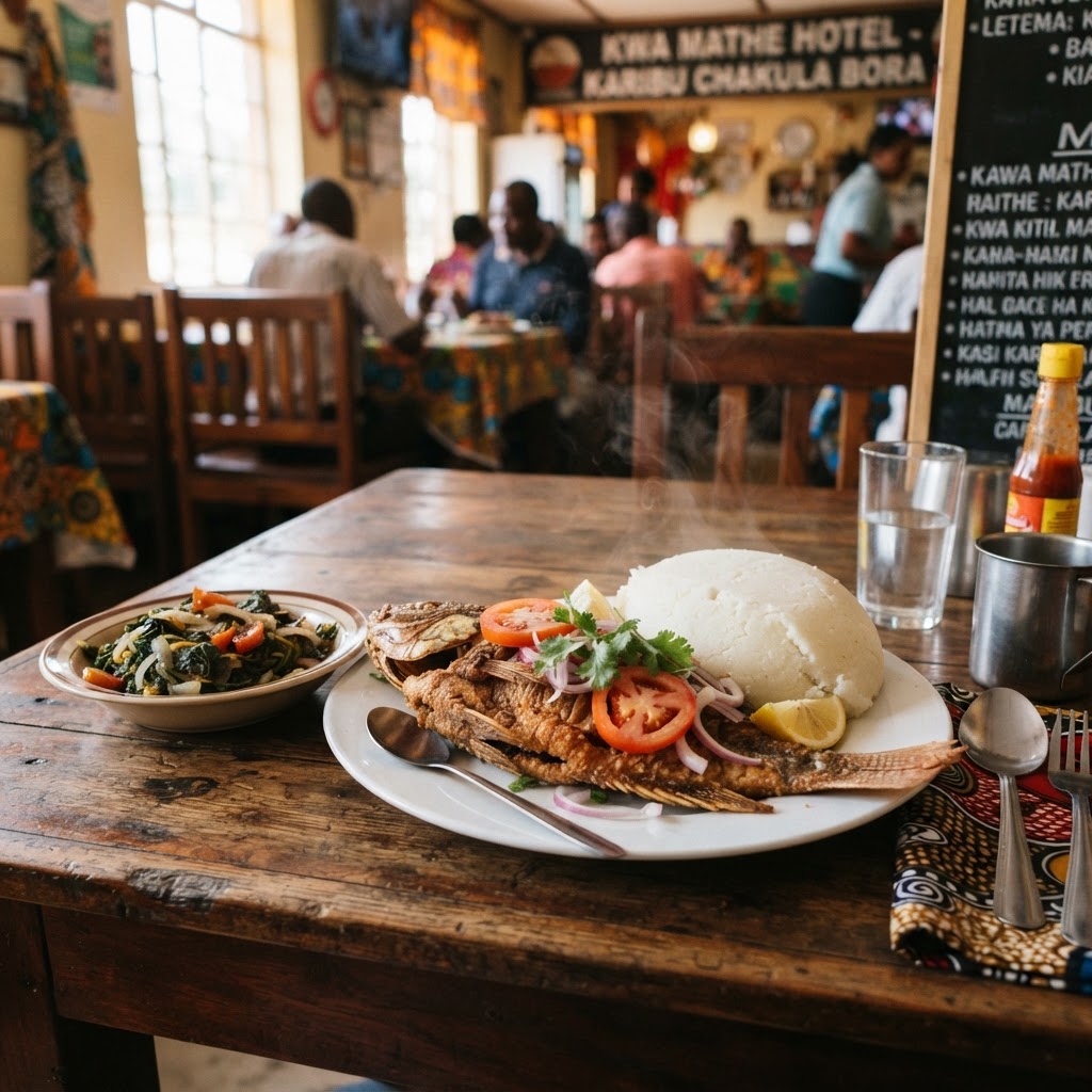 Traditional Kenyan food: fried tilapia and ugali in Naivasha
