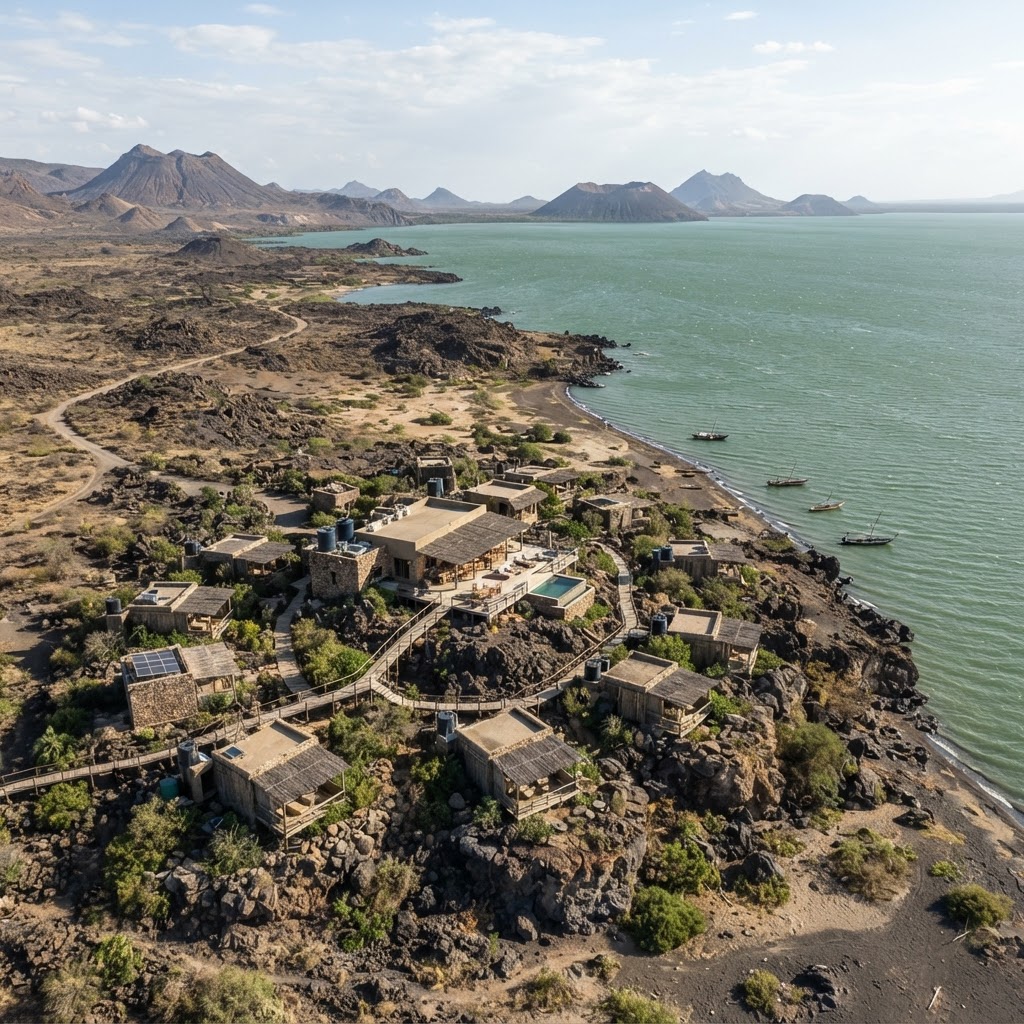 Remote eco-lodge accommodation on the shores of Lake Turkana