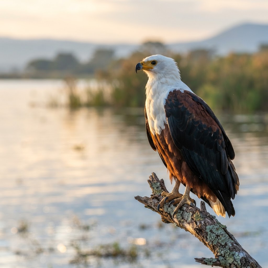 African fish eagle perched on a branch by Lake Naivasha.