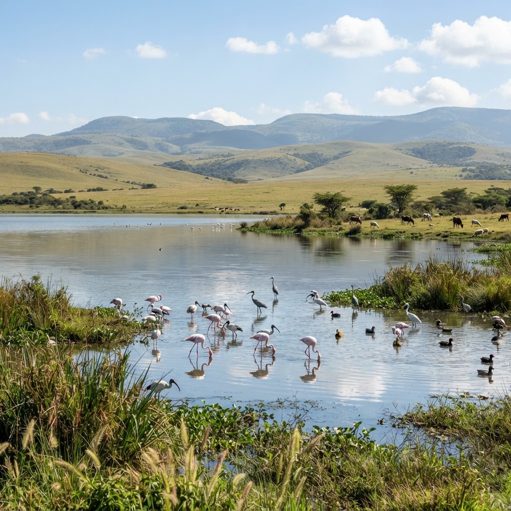 Birdwatching at the scenic Lake Ol Bolossat in Nyandarua, Kenya.