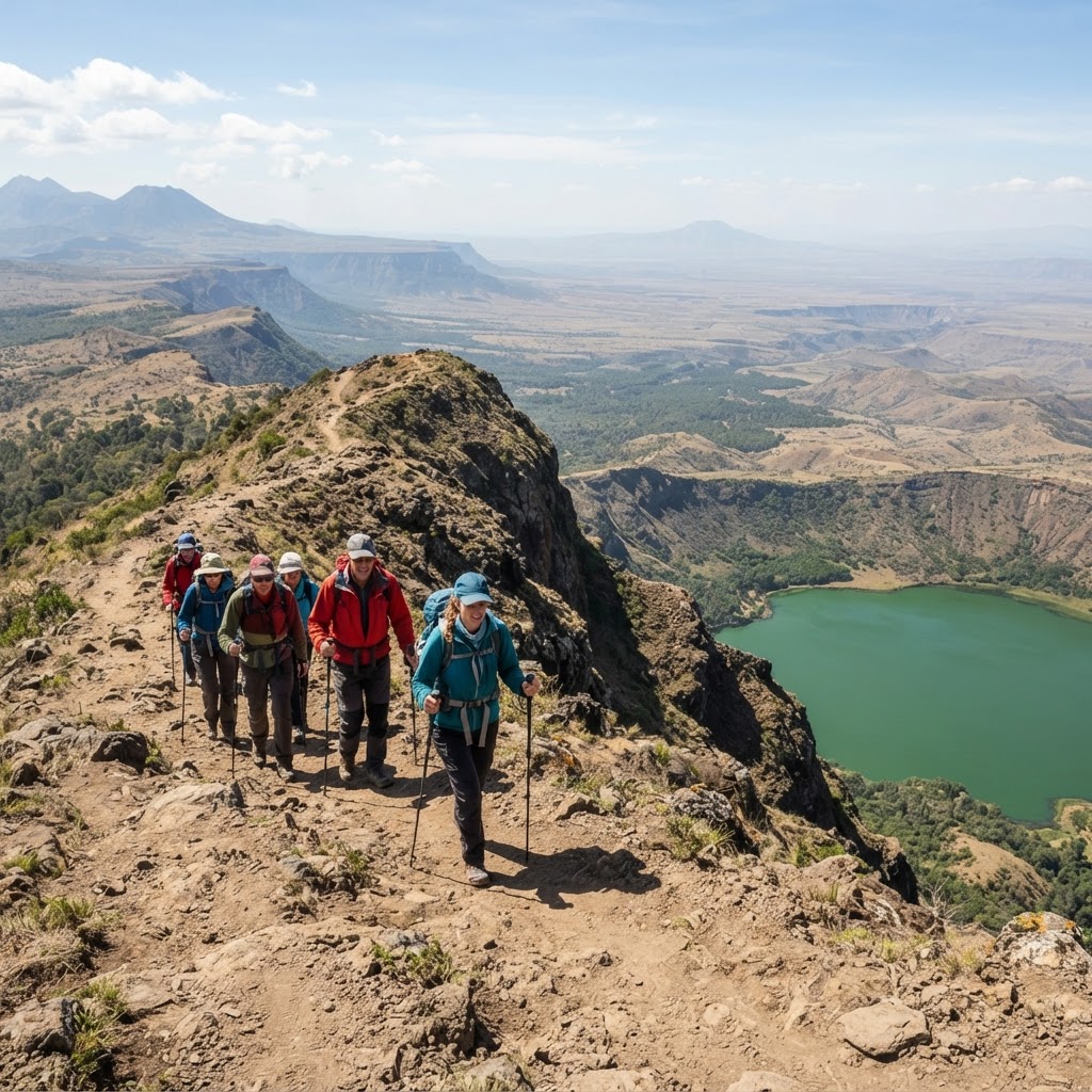 Hikers enjoying the crater rim trail at Crater Lake