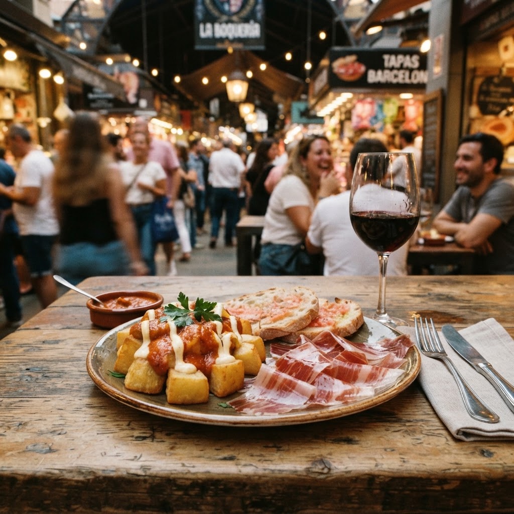 Delicious authentic Spanish tapas served at a food market in Barcelona