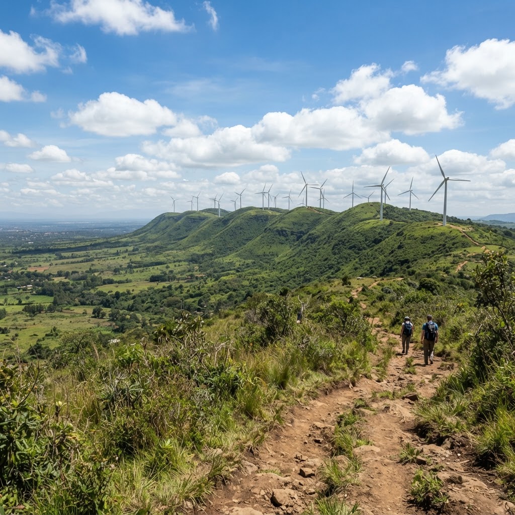 Wind turbines along the hiking trails of the Ngong Hills in Kajiado