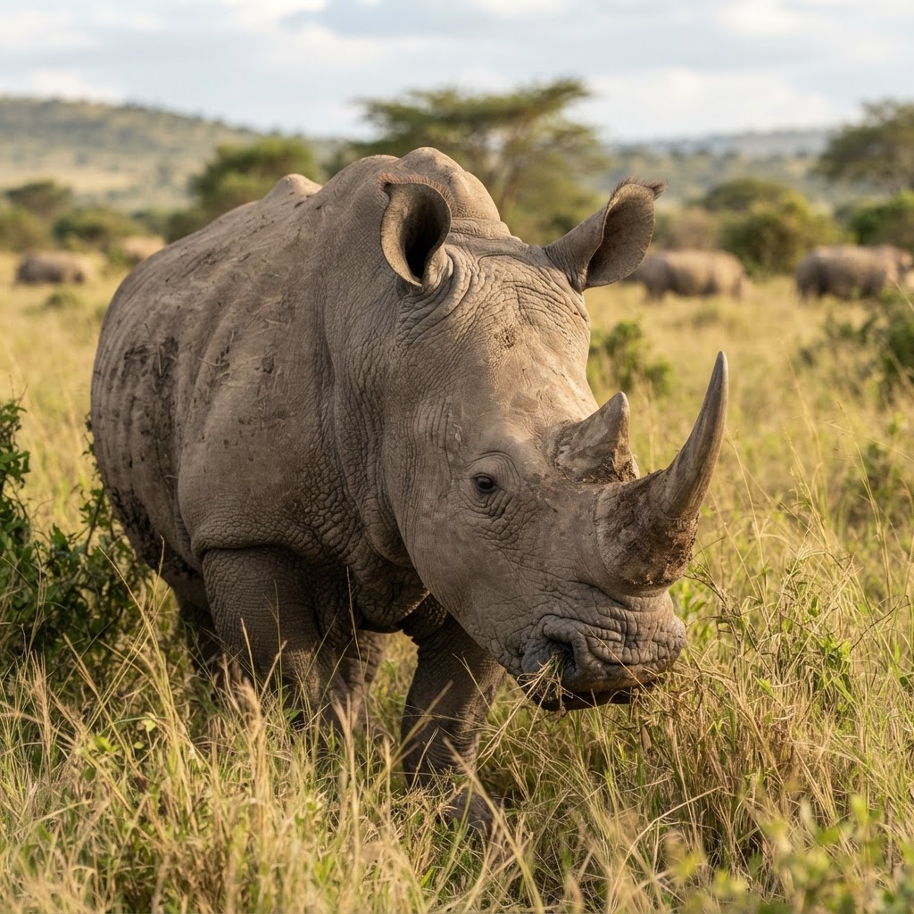 A Northern White Rhino grazing at Ol Pejeta Conservancy in Laikipia