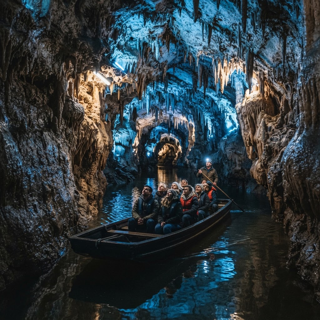 Visitors on a boat tour exploring the limestone cave system in Waitomo