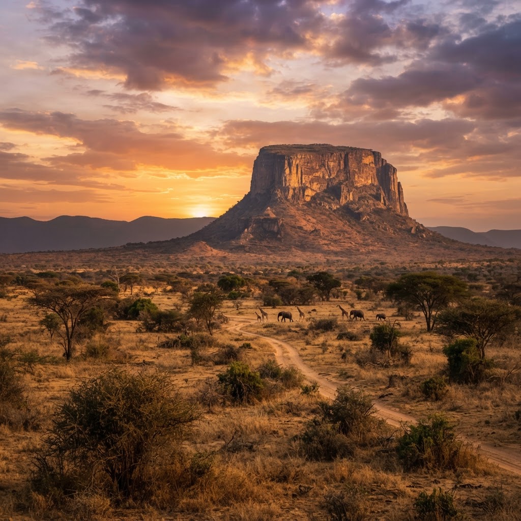 The iconic flat-topped Mount Ololokwe dominating the Northern Kenya skyline