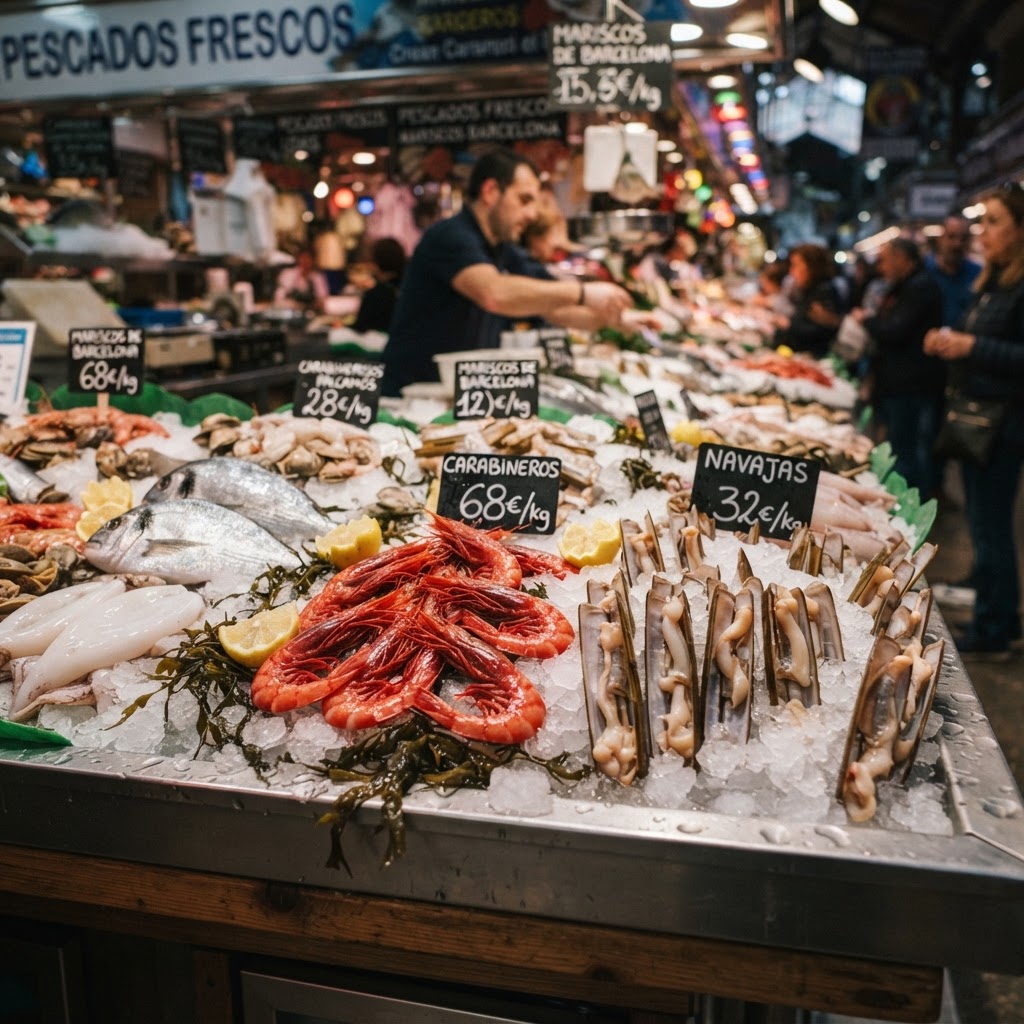 Fresh Mediterranean seafood displayed at a Boqueria Market food stall