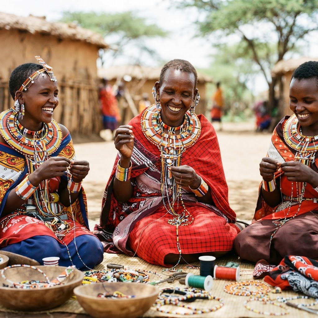 Maasai women creating traditional beadwork in a community cooperative.