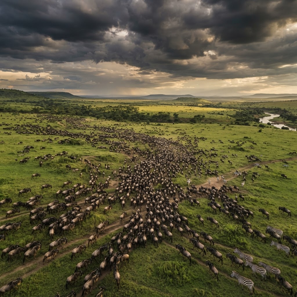 Wildebeest herd on the open plains of the Maasai Mara