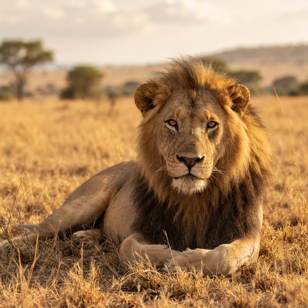 Lion resting in the short grass of the Masai Mara in October.