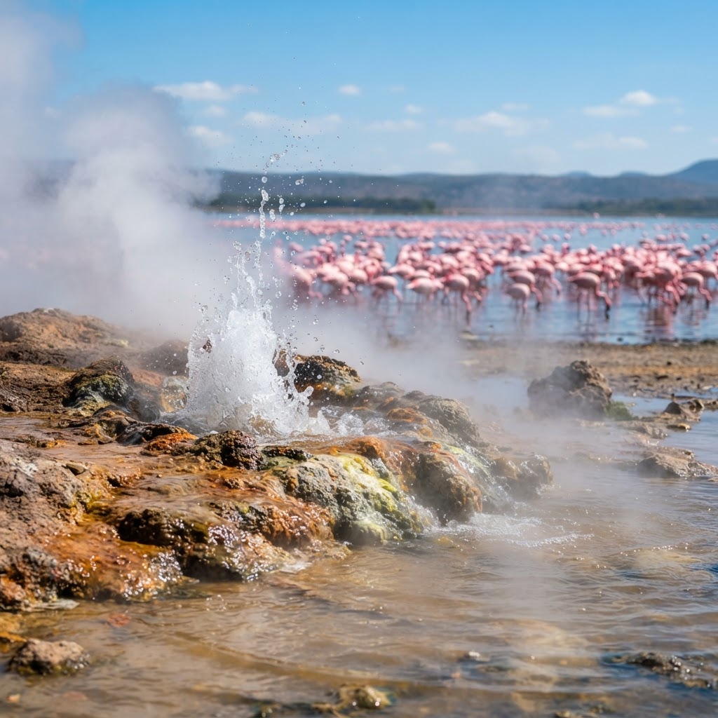 Natural geysers at Lake Bogoria with flamingos