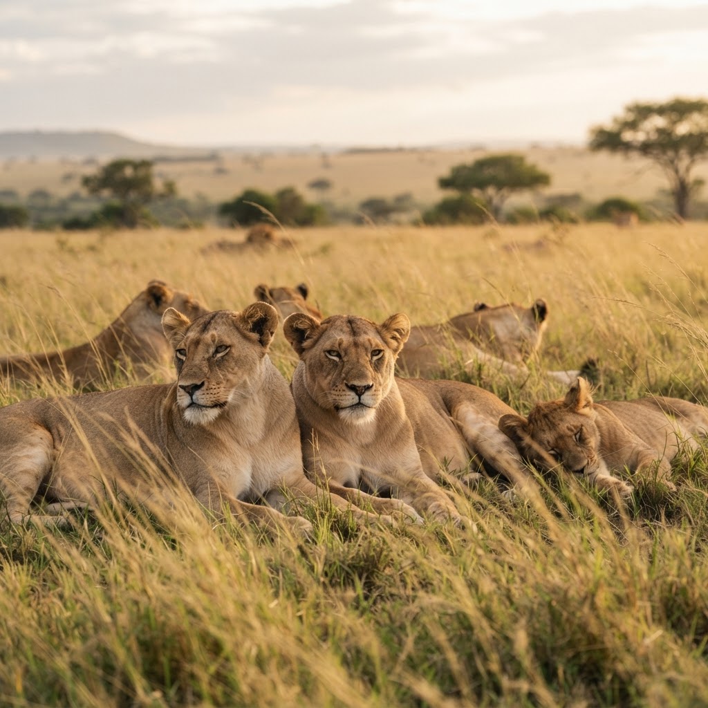 A lion pride resting peacefully in the grass of the Masai Mara.