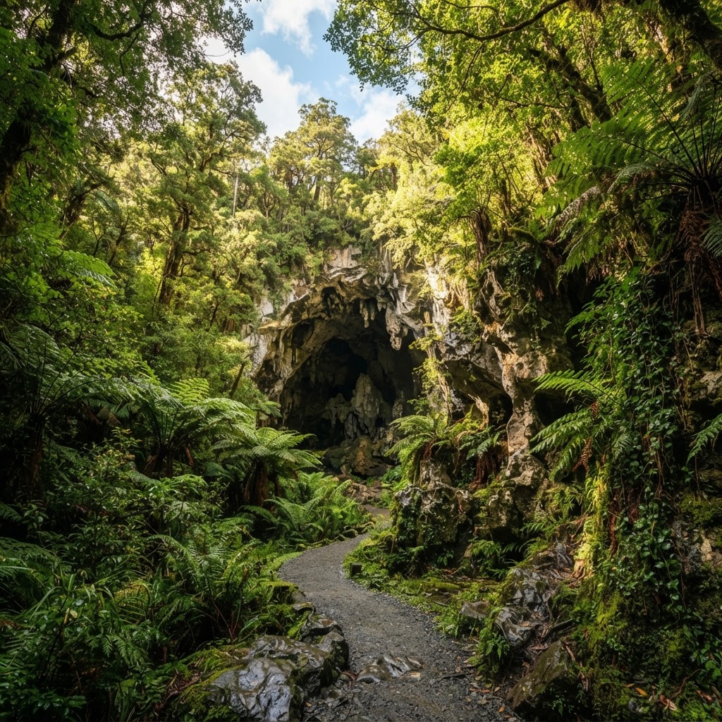 Lush forest entrance to the Waitomo limestone cave system