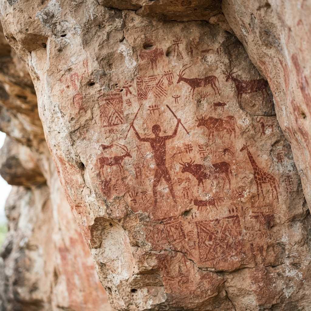 Ancient rock art paintings at Kakapel National Monument in Busia