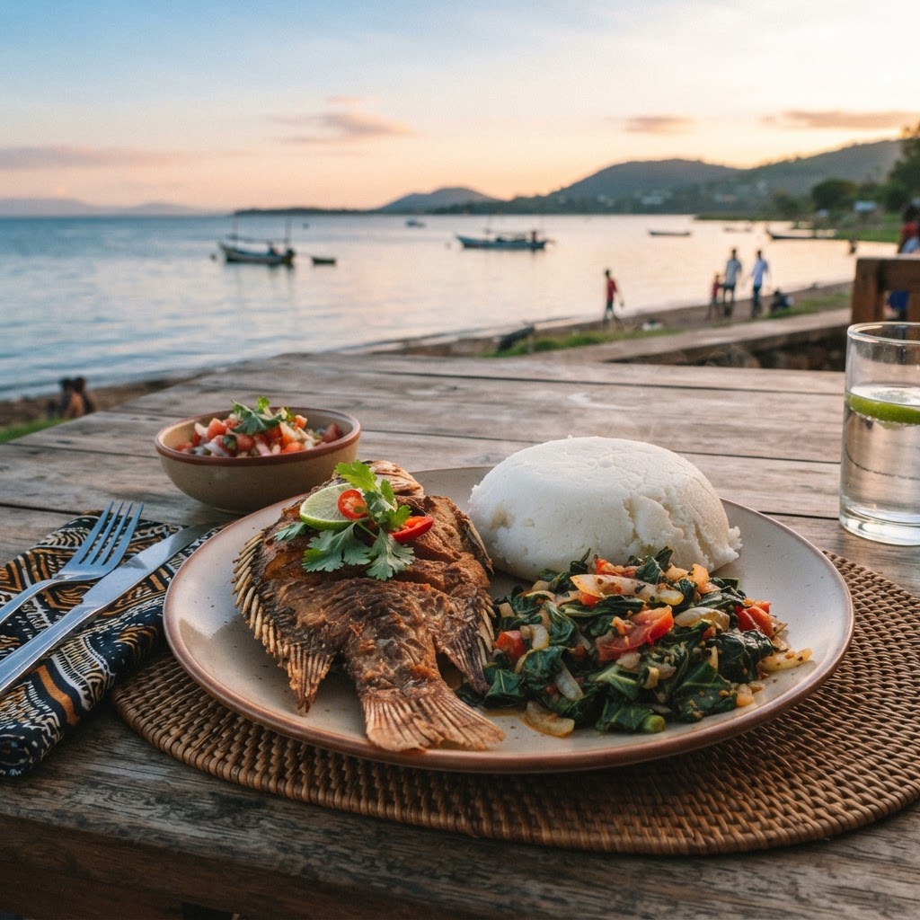 Traditional Kenyan tilapia and ugali dish
