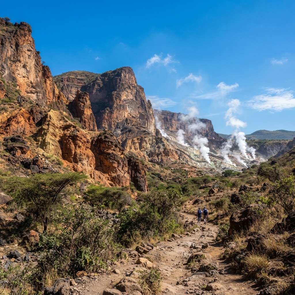 Volcanic cliffs and geothermal scenery in Hell's Gate National Park.