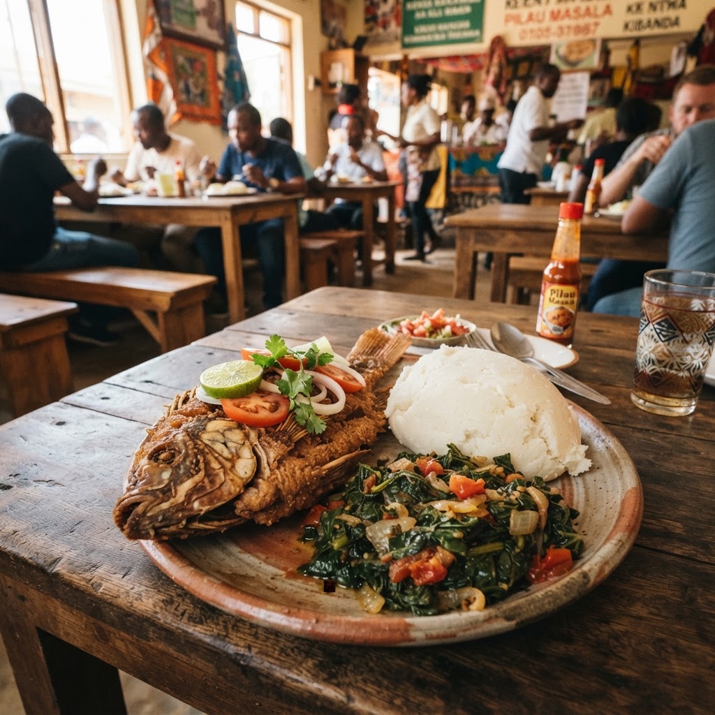 Traditional Kenyan meal of Ugali and fried tilapia fish in Busia