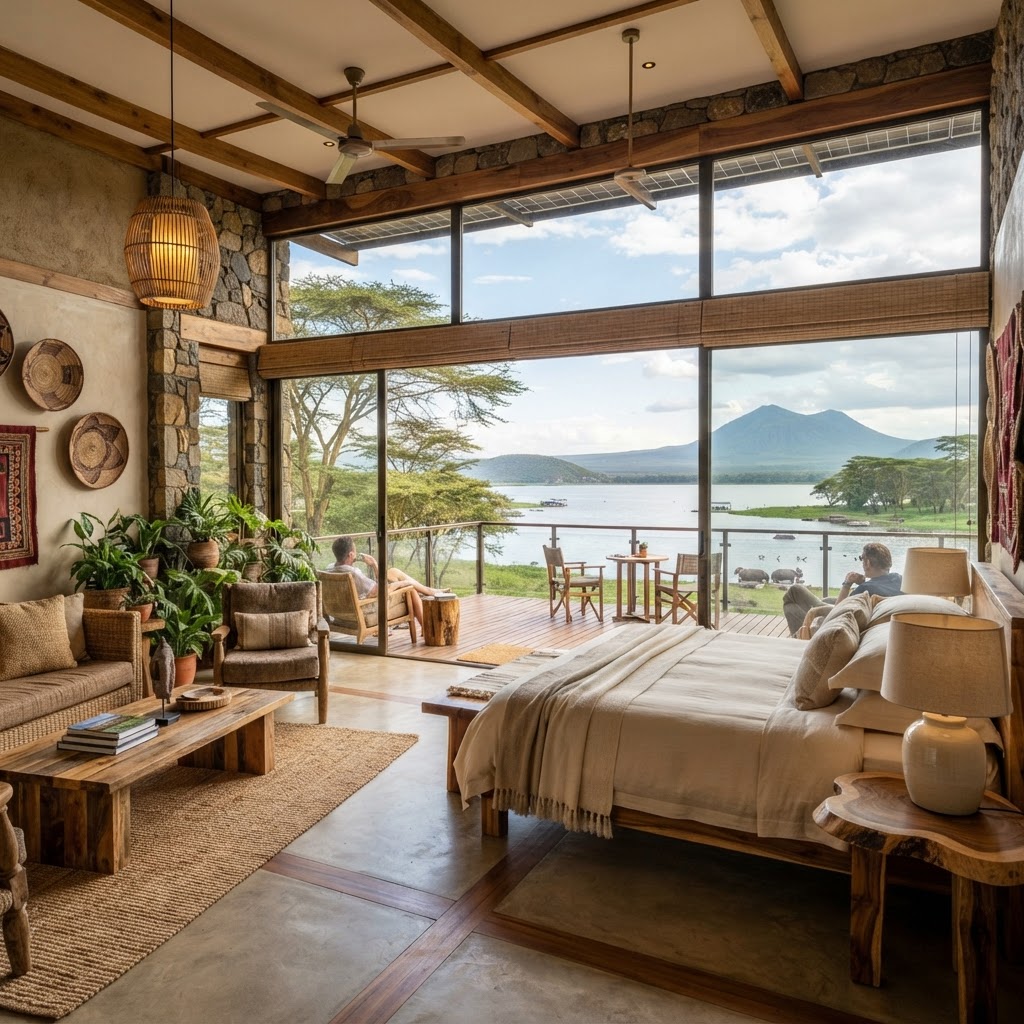 Luxury eco-lodge interior overlooking Lake Naivasha