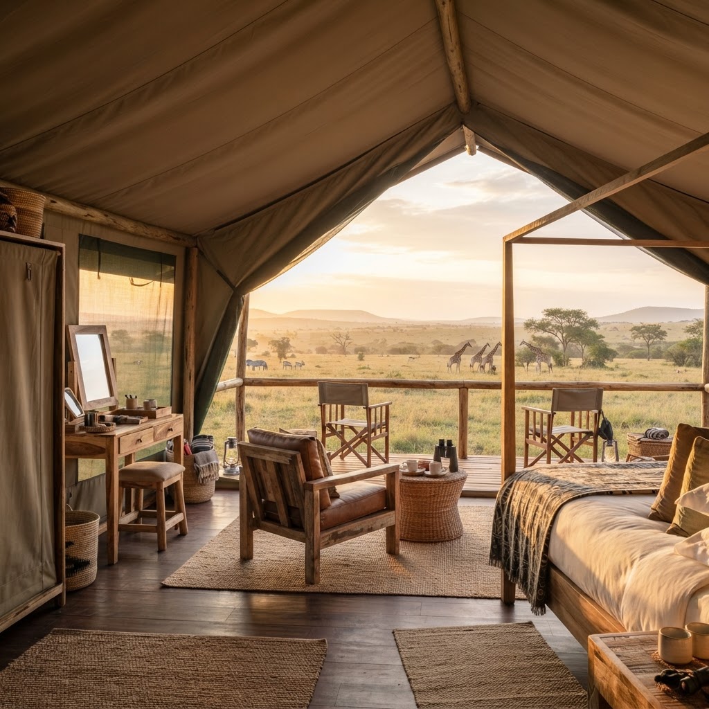 Eco-friendly safari tent overlooking the Mara savannah