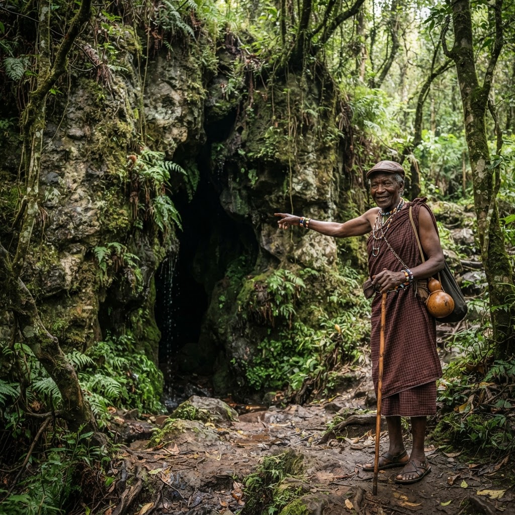A local elder guiding visitors at the historic Mungoma Caves in Vihiga