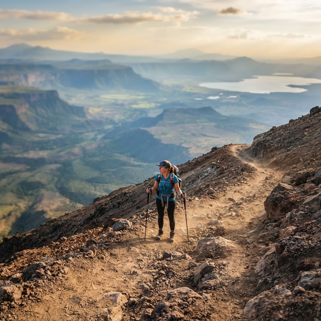 A hiker trekking up the steep, dusty slopes of Mount Longonot.
