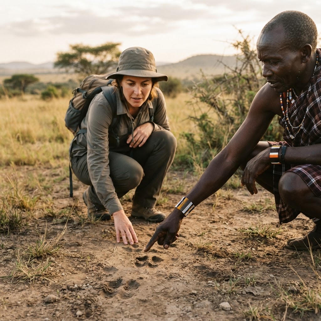 Maasai guide teaching traditional tracking skills in the Masai Mara.