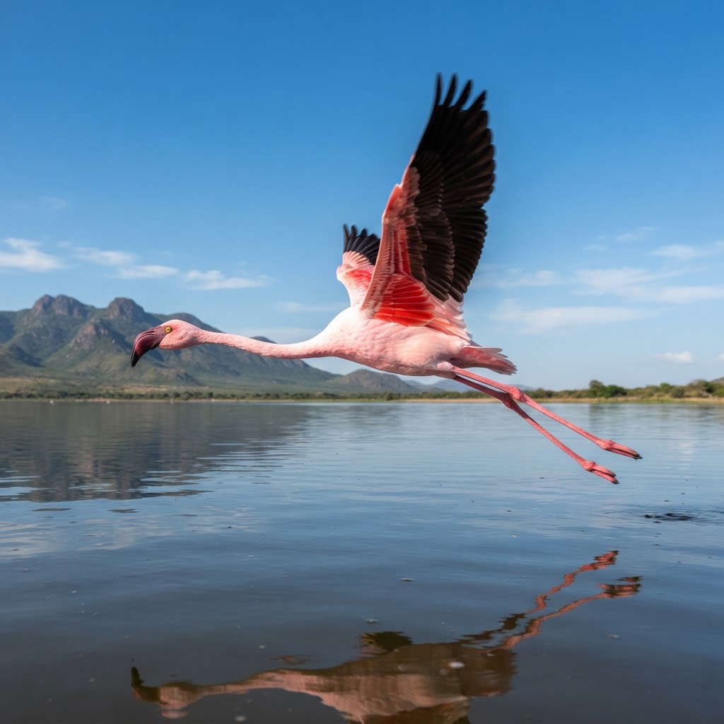Lesser Flamingo in flight over the waters of Lake Jipe