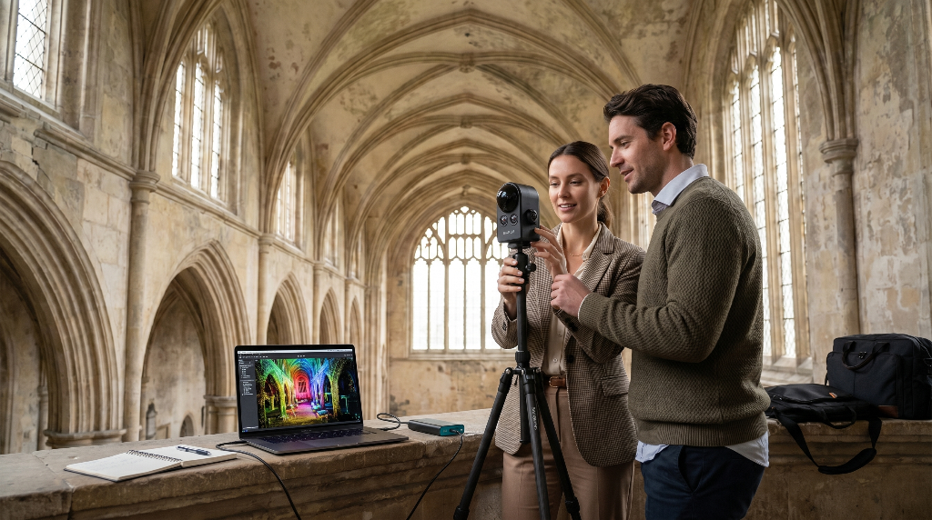 Training session in historic building with spatial capture equipment