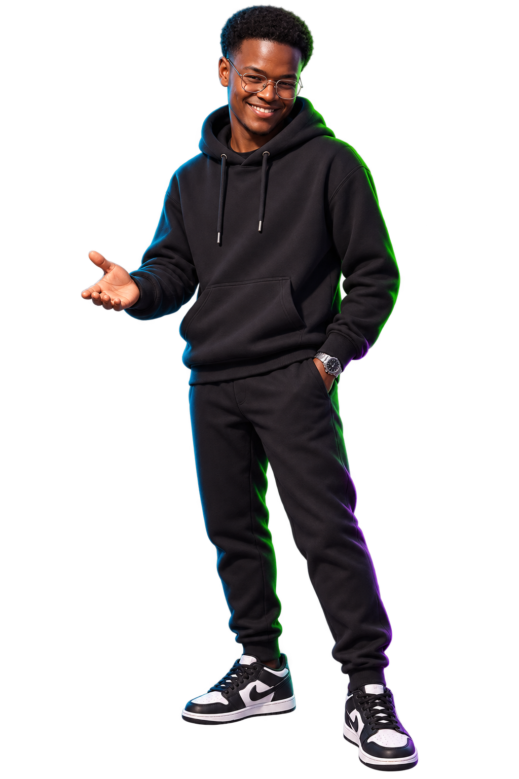 Moussa — pose signature, hoodie noir, lunettes rondes, sourire, éclairage vert