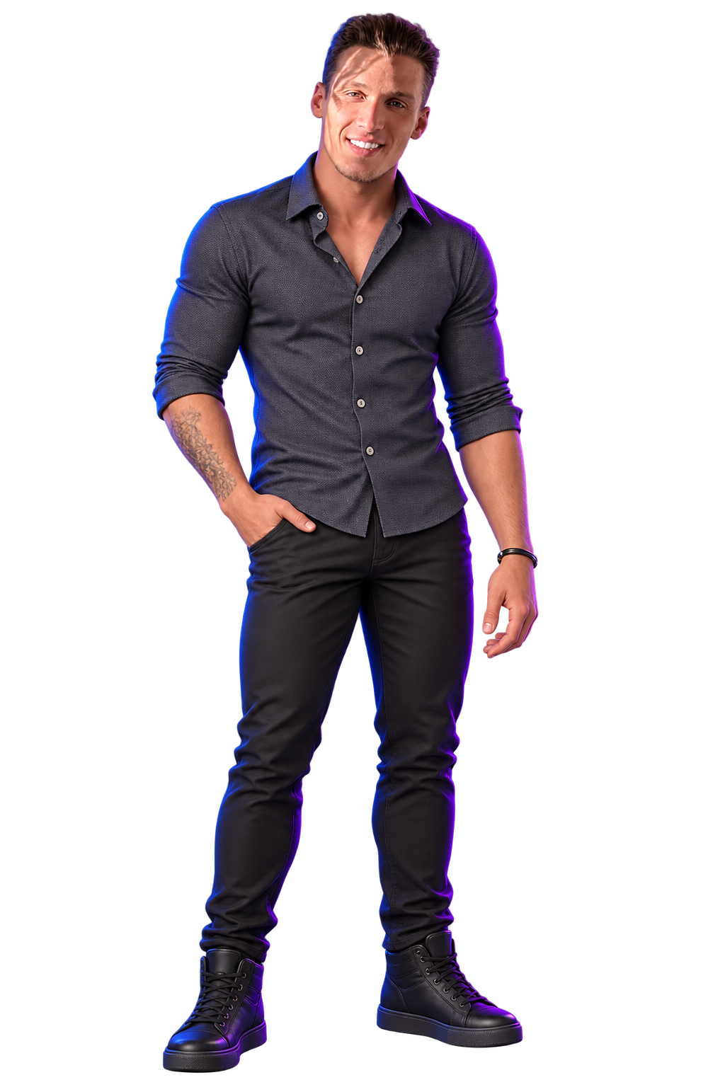 Maxime — pose signature, main en poche, chemise roulée, éclairage bleu