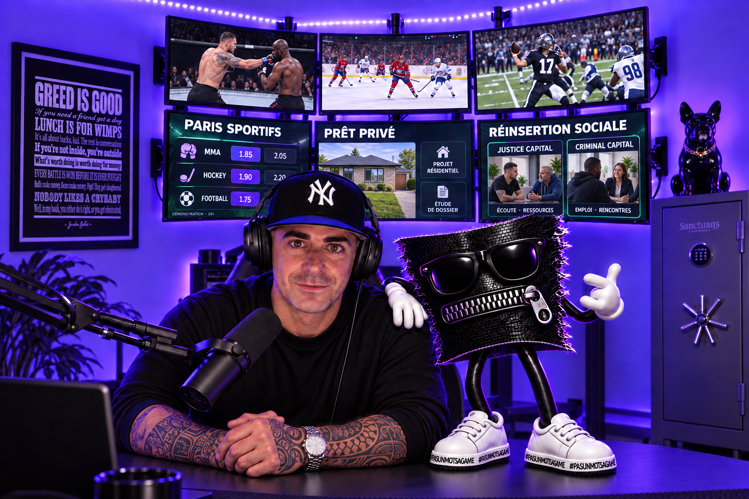 Yann Béliveau avec la mascotte Pas un mot sa game dans son studio aux six écrans