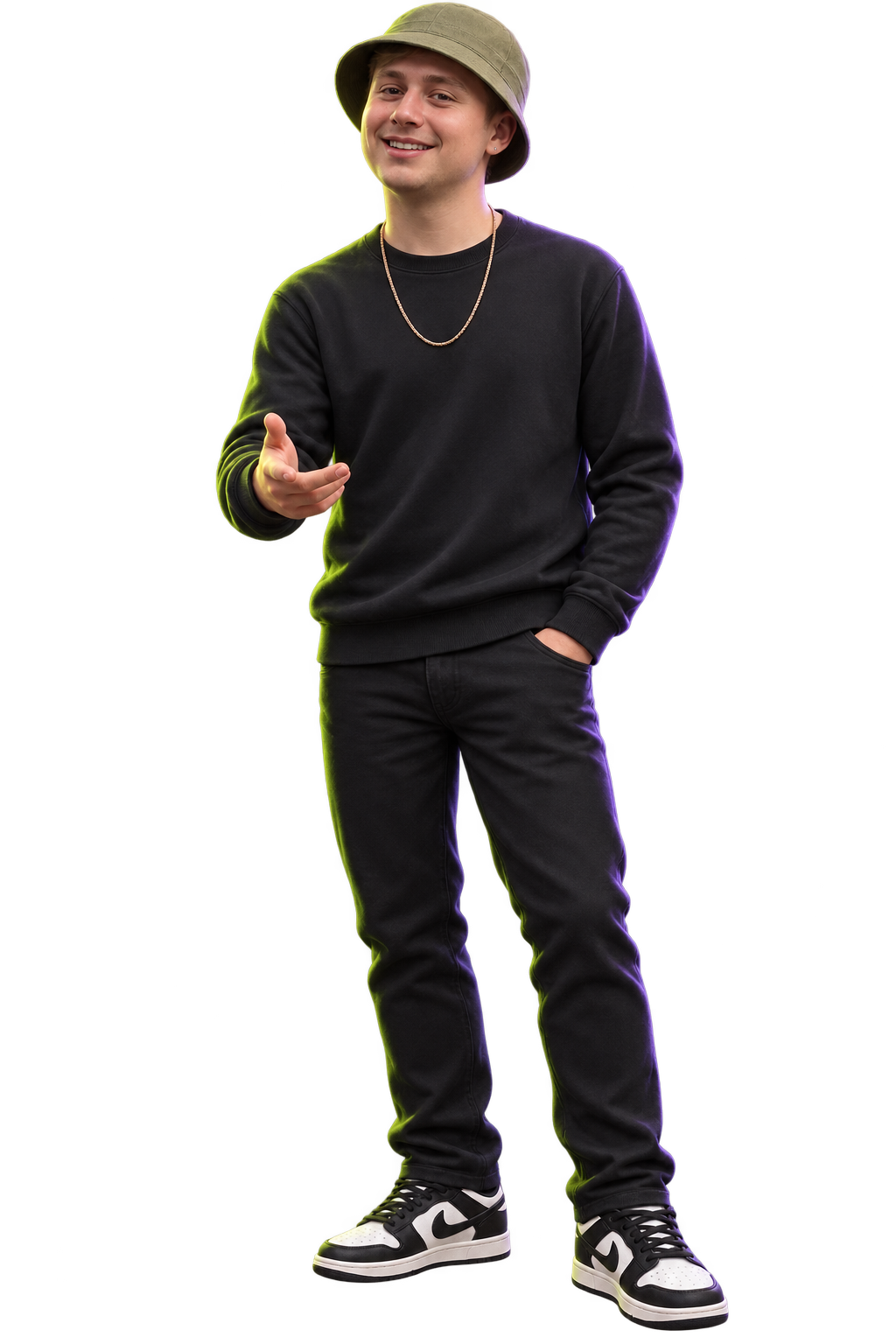 Ronaldo — pose signature, chapeau vert, sweat noir, main tendue, sourire