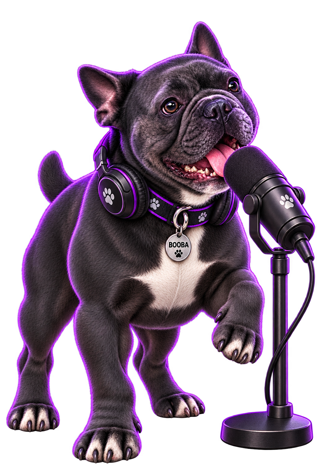 Booba, petit bouledogue sombre avec poitrine et orteils blancs, collier noir bordé de violet avec médaille BOOBA, écouteurs noirs et violets, devant un microphone