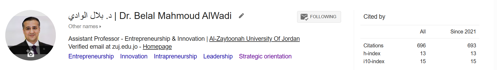 Google Scholar profile of Dr. Belal Mahmoud AlWadi — citations, h-index, and research interests
