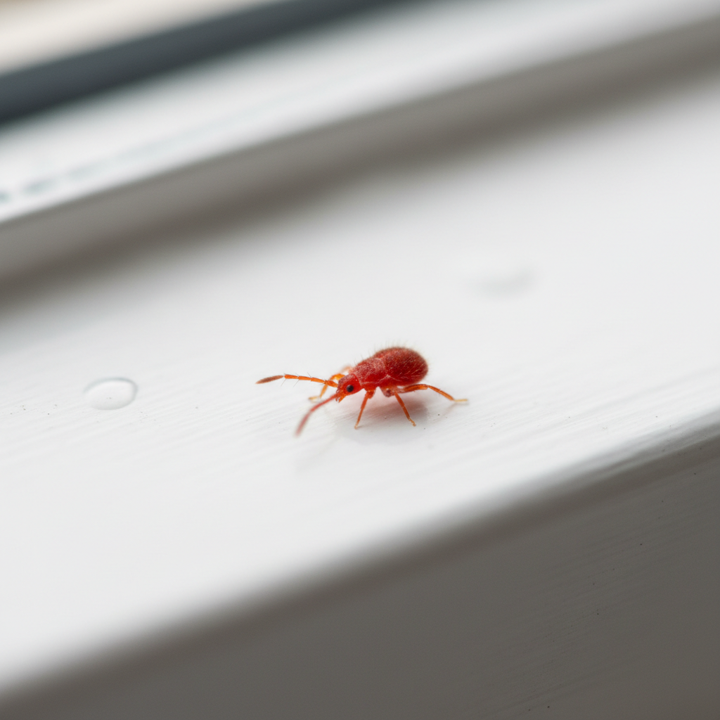 Bright red clover mites on white windowsill North Idaho pest identification