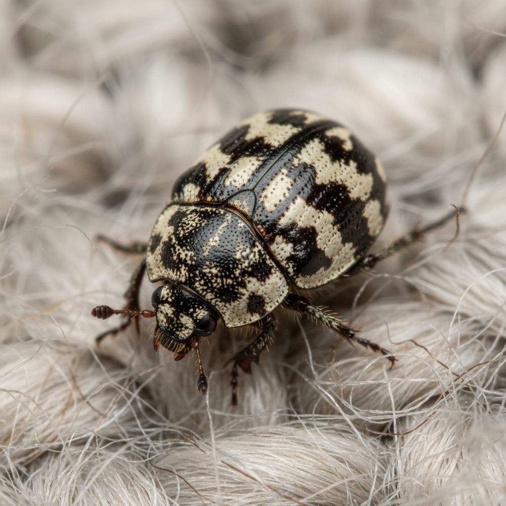 Varied carpet beetle with mottled scales on fabric fiber pest identification North Idaho