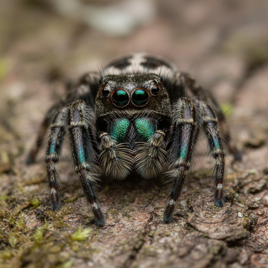 Bold jumping spider close-up on tree bark in Spokane WA Inland Northwest