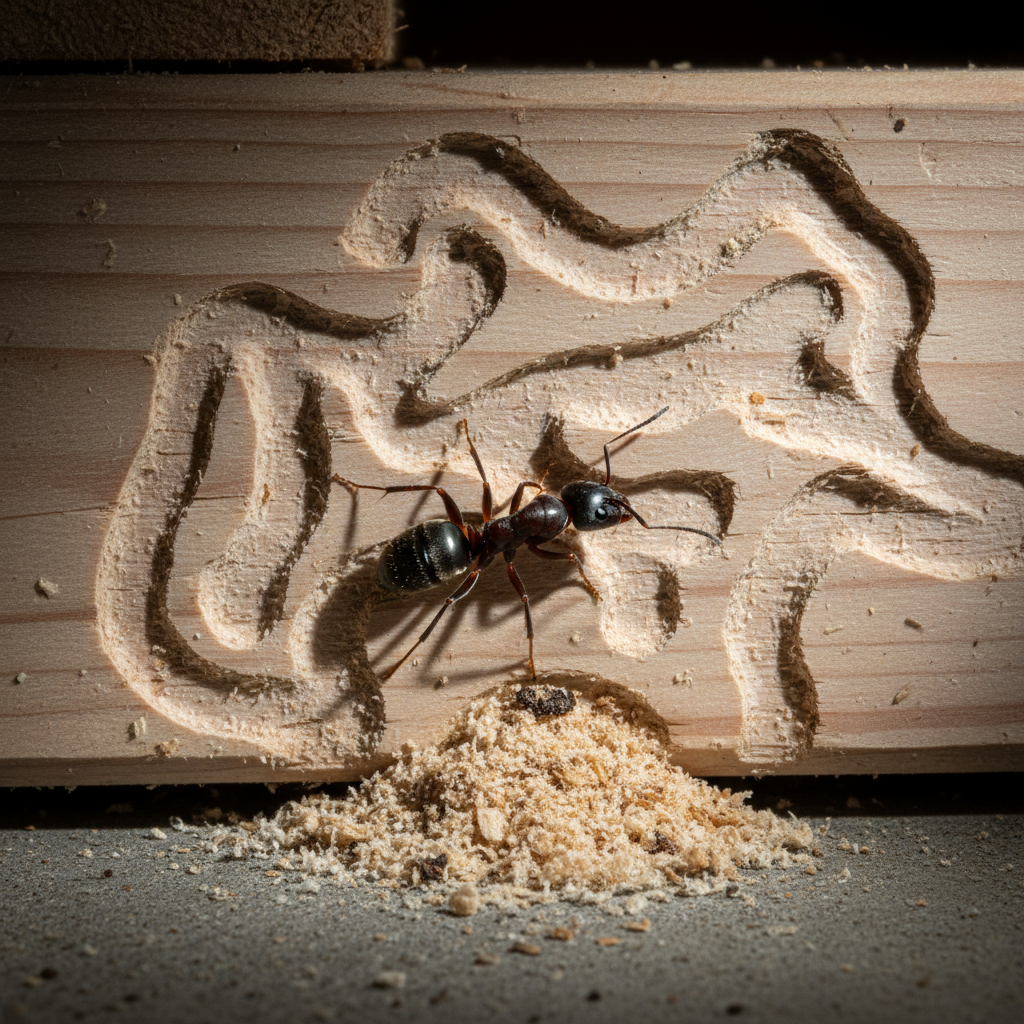 Carpenter ant damage on wood beam in North Idaho home crawlspace pest identification
