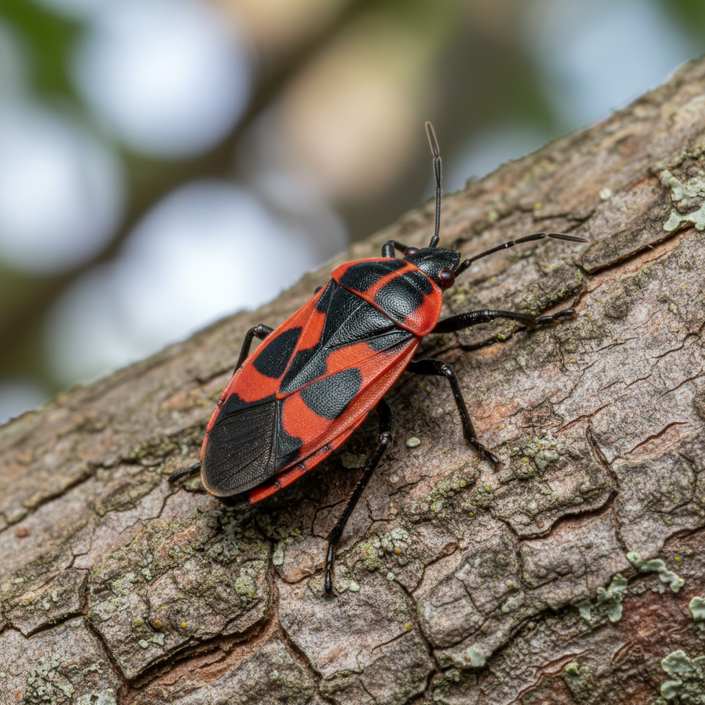Boxelder bug with red and black markings on tree bark in Spokane WA pest identification