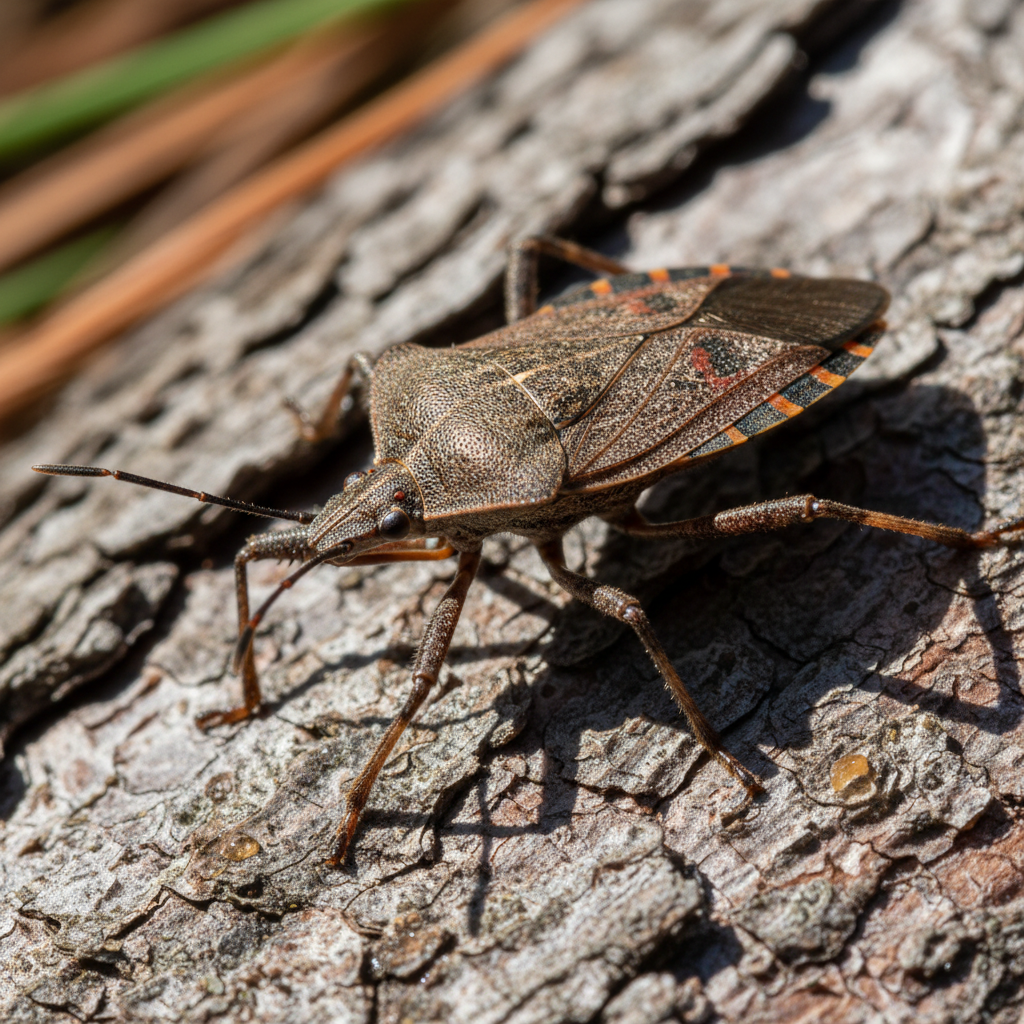 Western conifer seed bug on pine bark in North Idaho, leaf-like hind legs pest identification