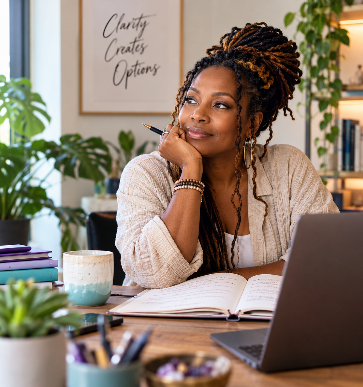 A thoughtful woman at her desk reflecting on her ideas and next direction