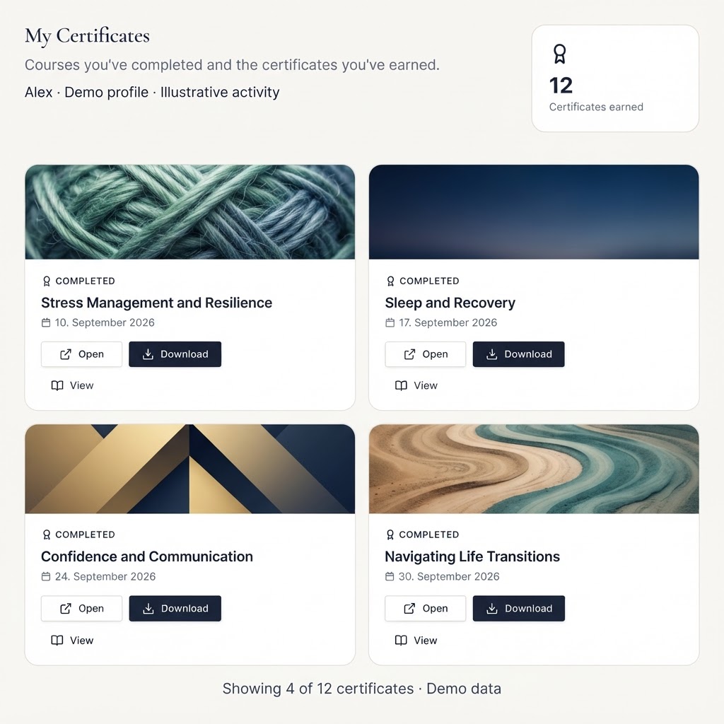 Parentica certificates interface with fictional Alex demo activity