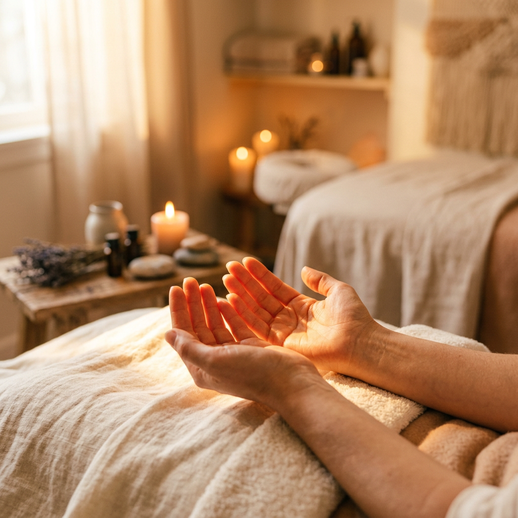 Gentle hands hovering above linen in warm golden light