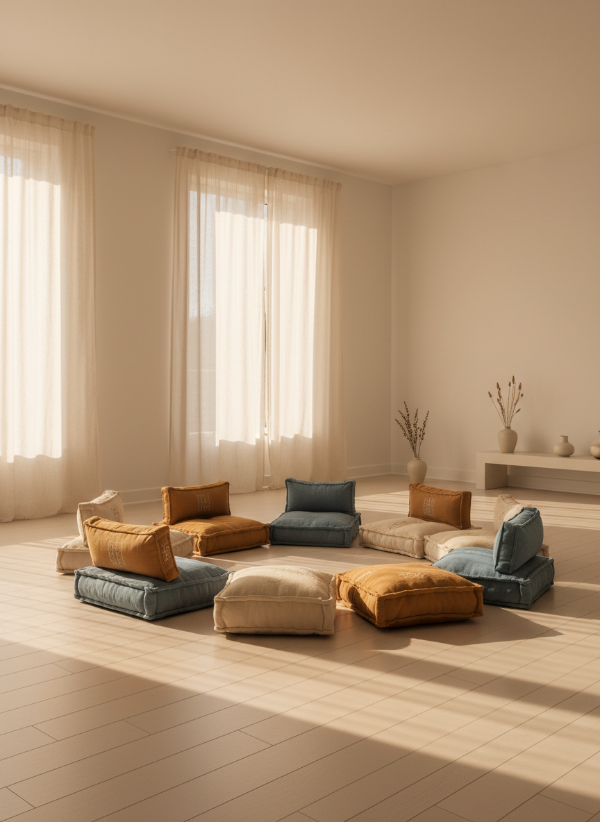 Minimalist bright room with meditation cushions in warm natural light