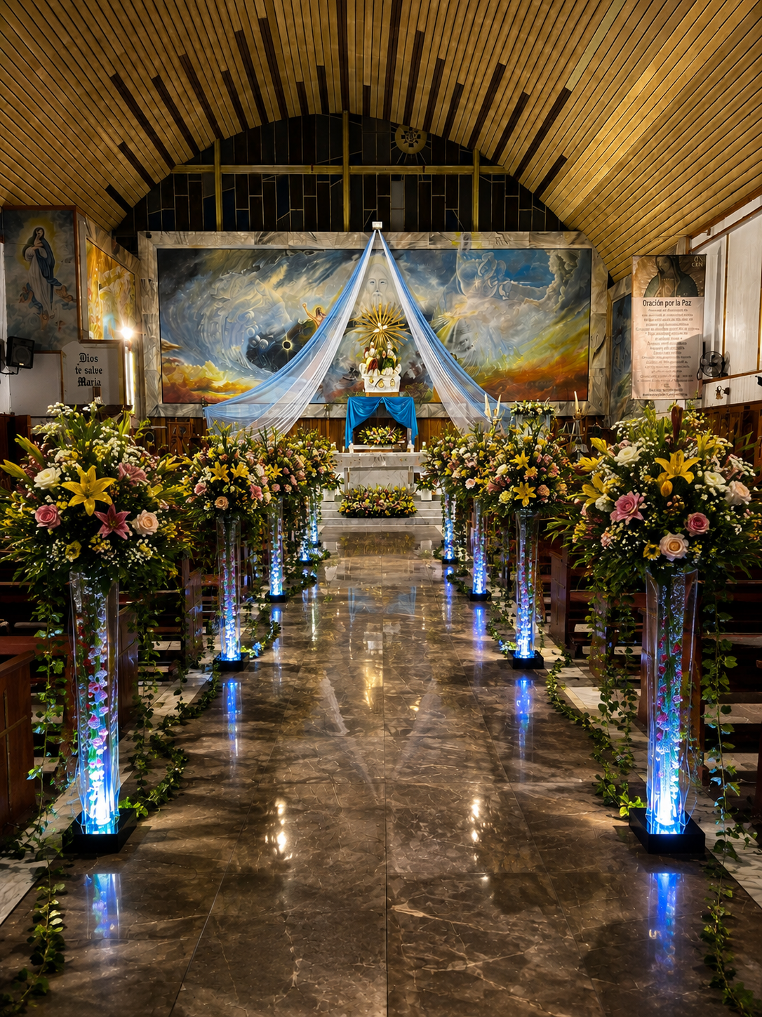 Nave de iglesia con pasillo floral iluminado