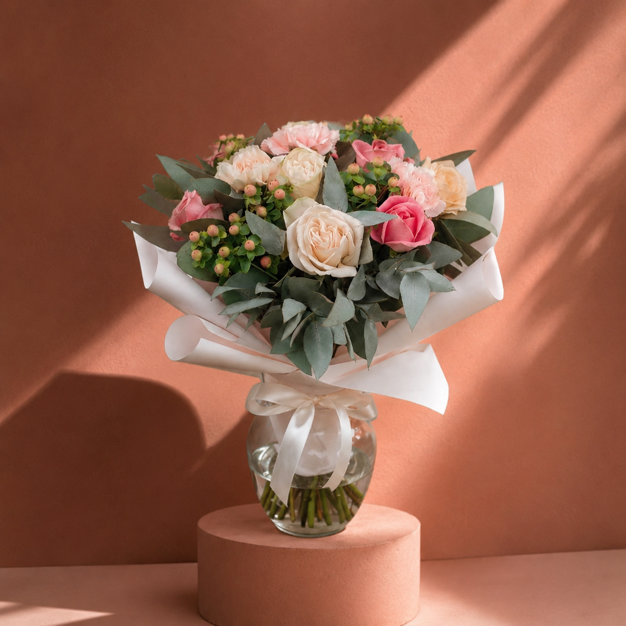 Rosas Rosa y Blanco con Eucalipto en Florero