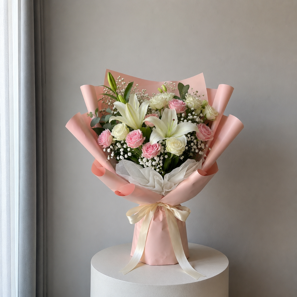 Ramo Rosas Rosa y Lirios Blancos