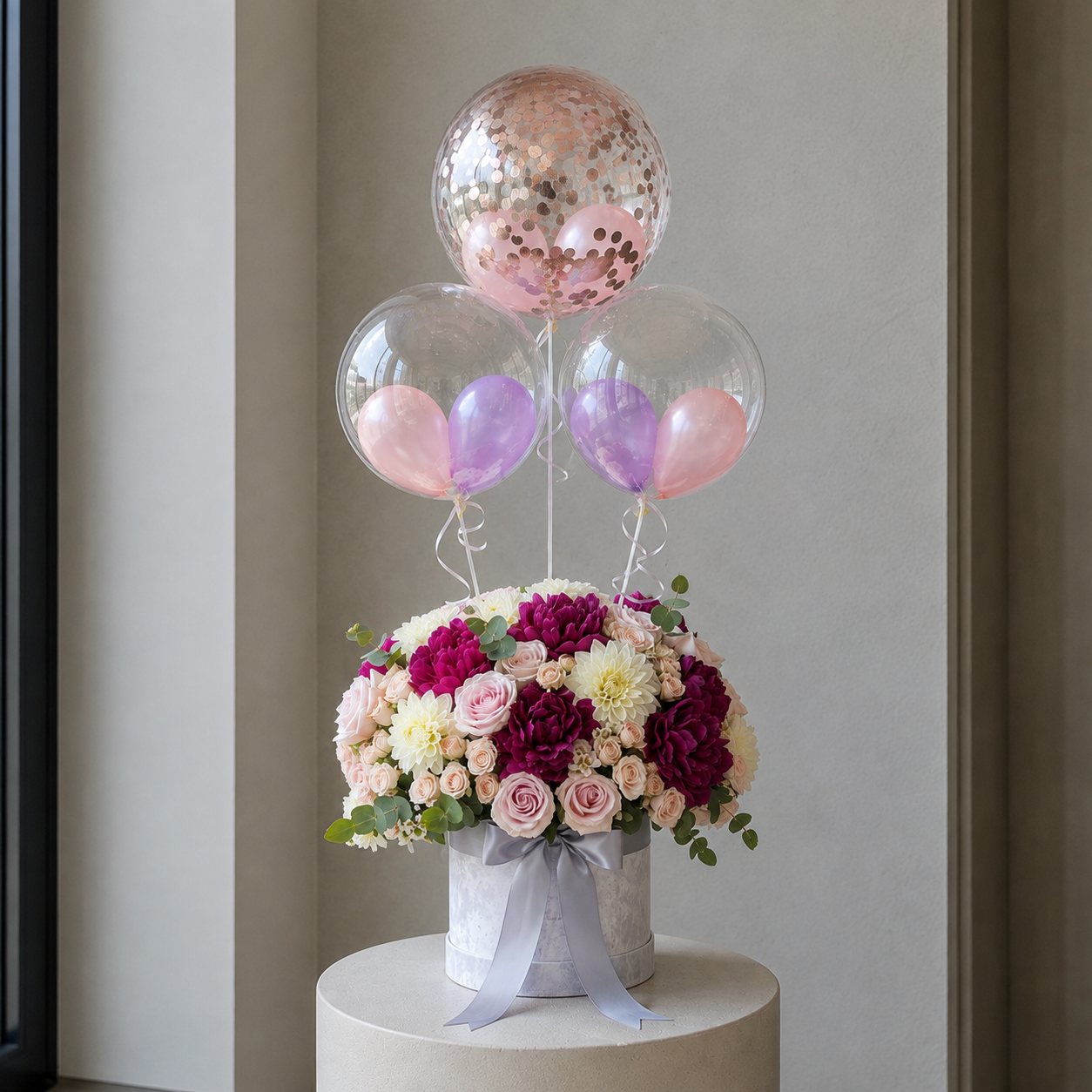 Caja de Lujo con Globos Burbuja — Magenta y Rosa