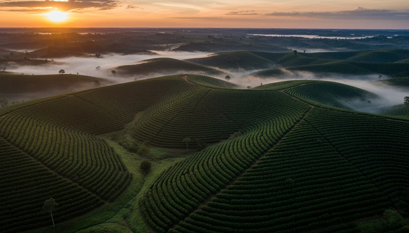 Aerial view of Brazilian coffee plantation rows