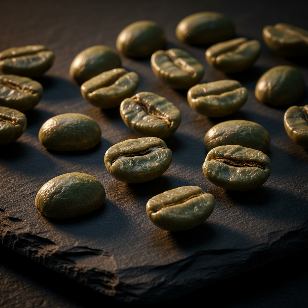 Macro close-up of premium green coffee beans